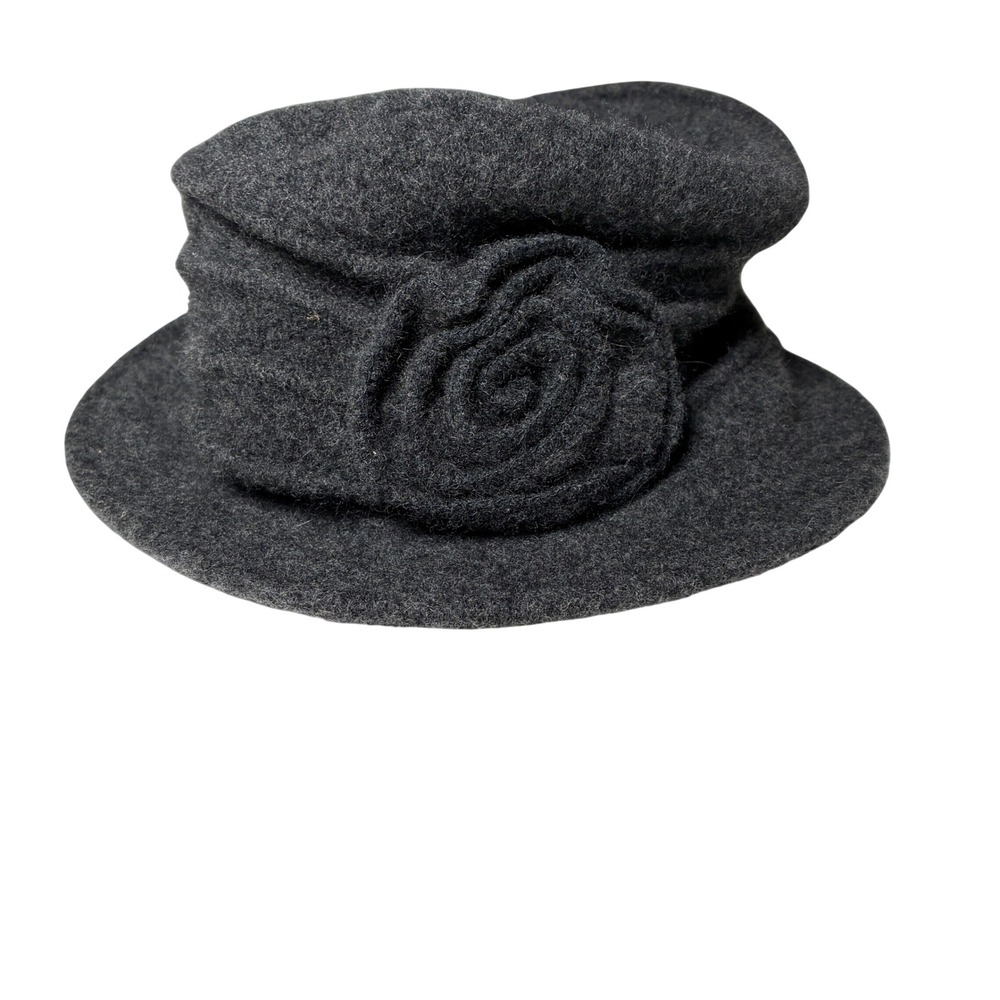 Boiled Wool Cloche Hat Charcoal Gray Rosette Flower Soft Slouchy One Size